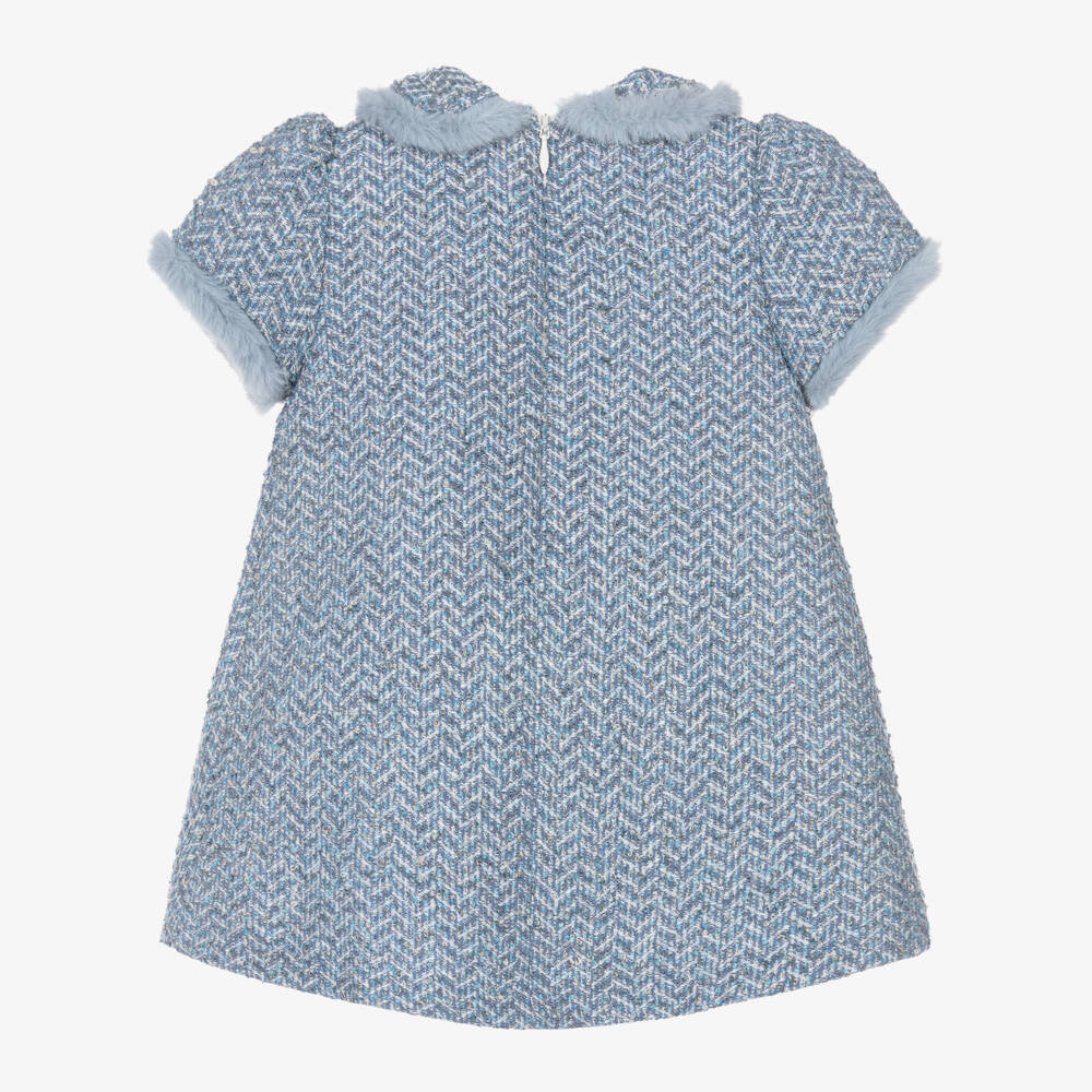Patachou-Girls Blue Tweed Dress with Faux Fur Trim | Childrensalon
