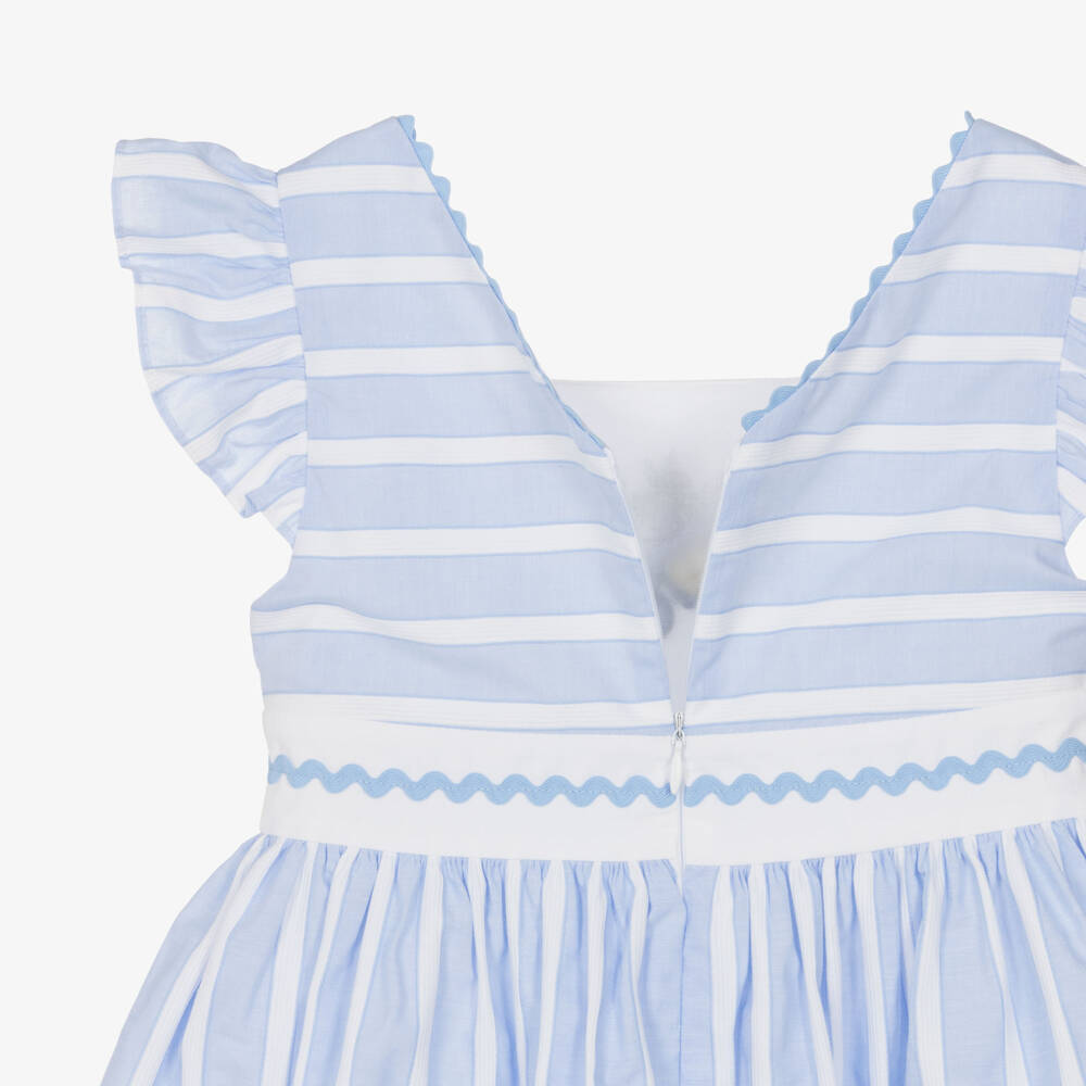 Patachou-Girls Blue & White Stripe Embroidered Cotton Dress | Childrensalon
