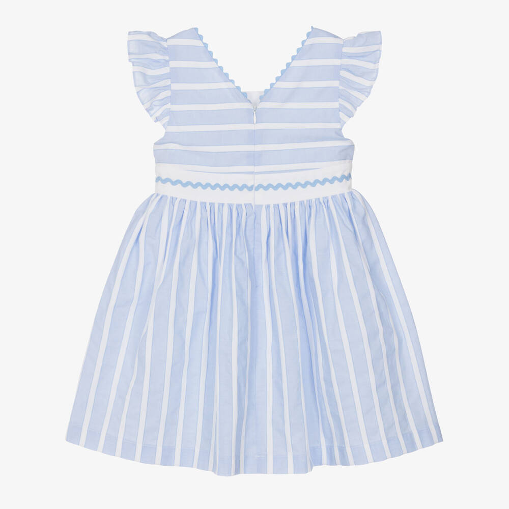 Patachou-Girls Blue & White Stripe Embroidered Cotton Dress | Childrensalon