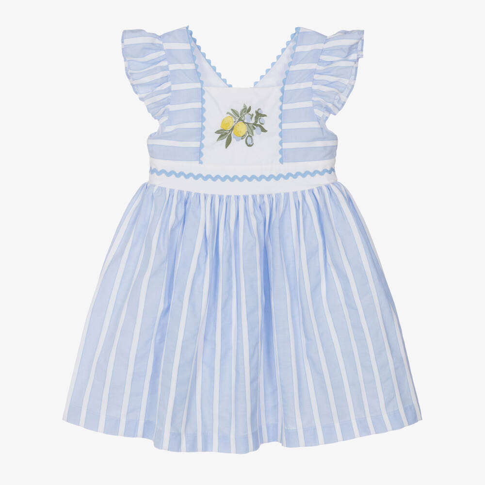 Patachou-Girls Blue & White Stripe Embroidered Cotton Dress | Childrensalon