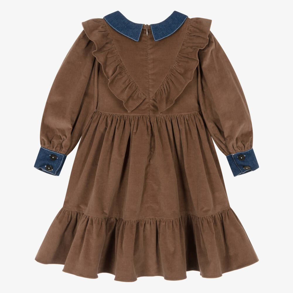 Patachou-Girls Brown Needlecord Dress with Chambray Collar | Childrensalon