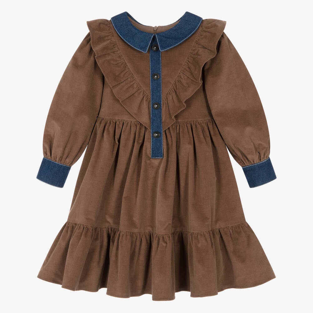 Patachou-Girls Brown Needlecord Dress with Chambray Collar | Childrensalon