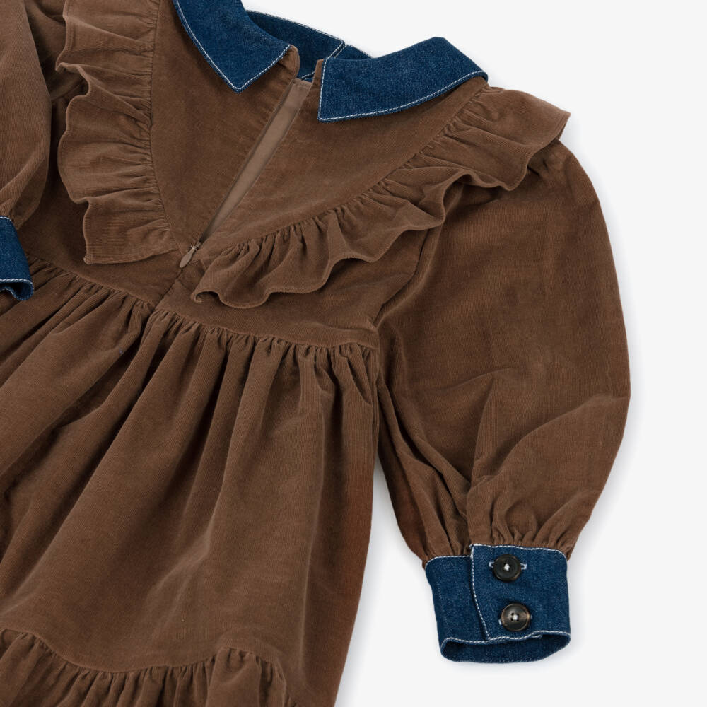 Patachou-Girls Brown Needlecord Dress with Chambray Collar | Childrensalon