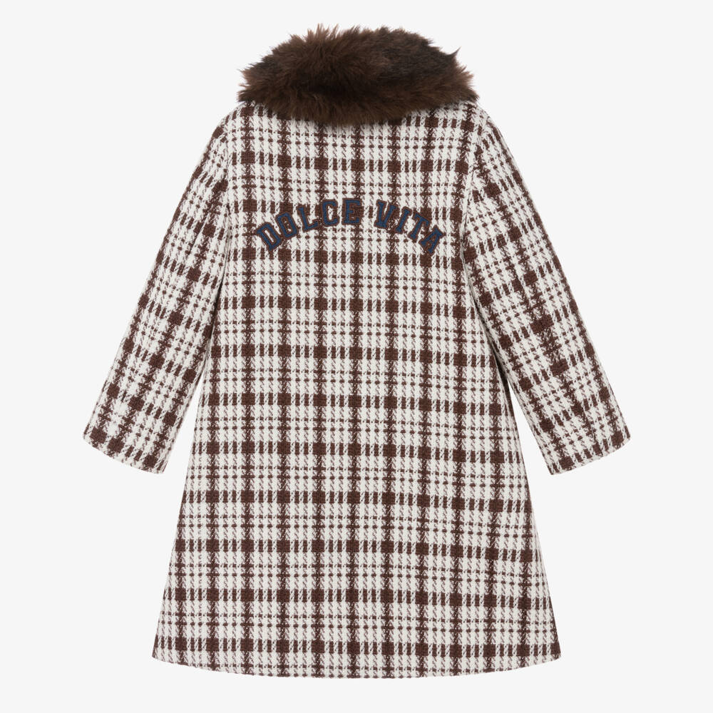 Patachou-Girls Brown Tweed Coat with Chambray Detail | Childrensalon