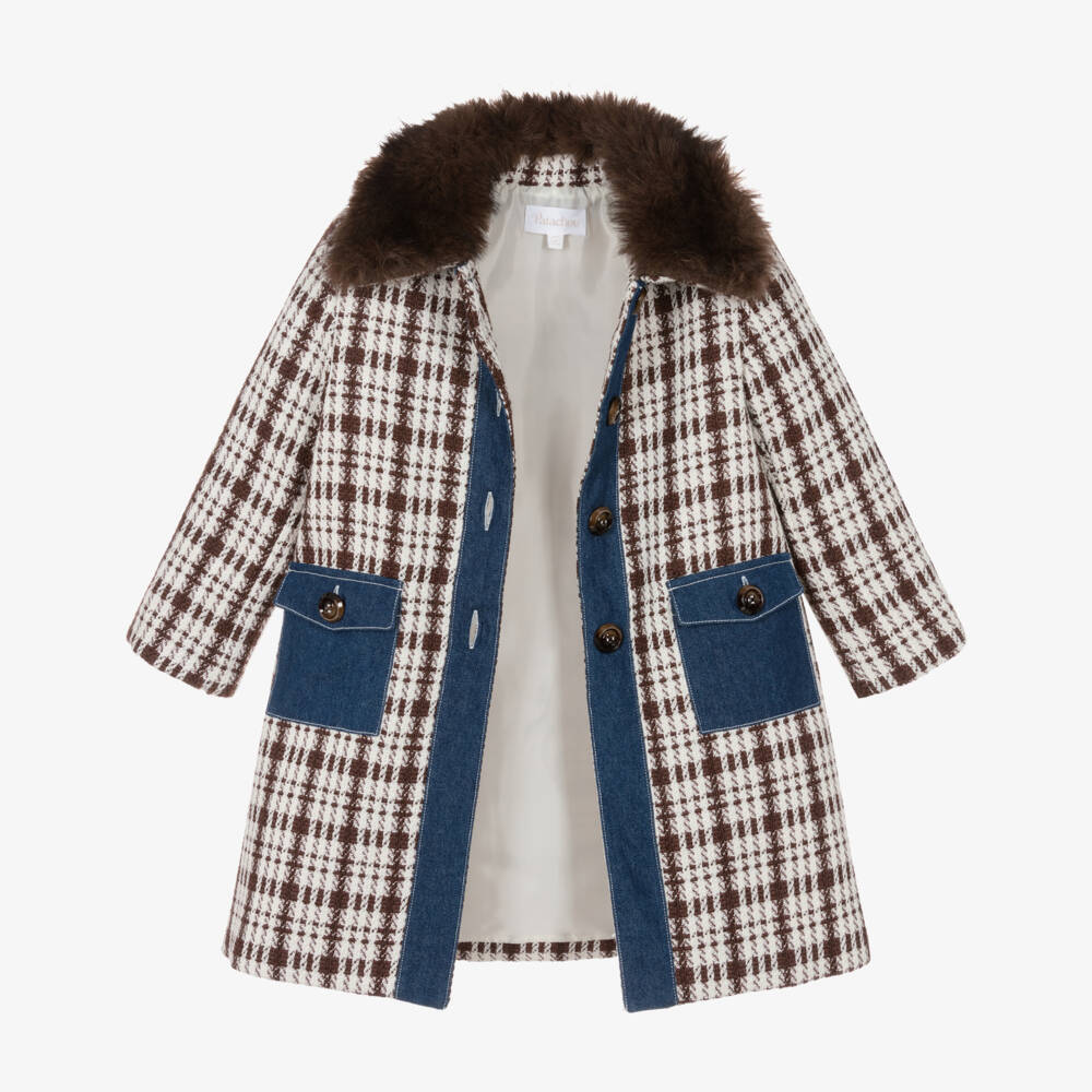 Patachou-Girls Brown Tweed Coat with Chambray Detail | Childrensalon