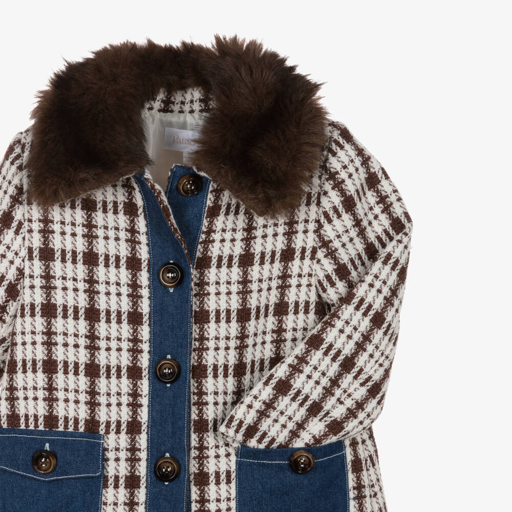 Patachou-Girls Brown Tweed Coat with Chambray Detail | Childrensalon