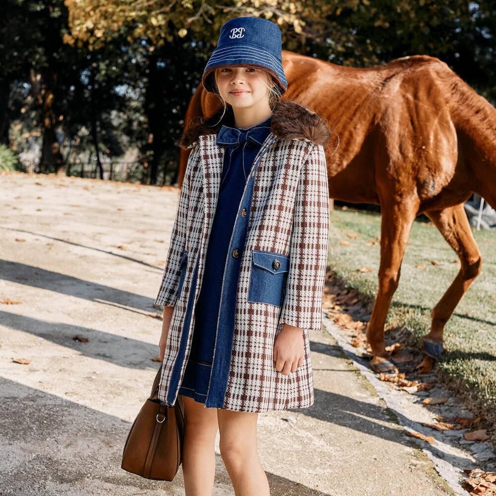 Patachou-Girls Brown Tweed Coat with Chambray Detail | Childrensalon
