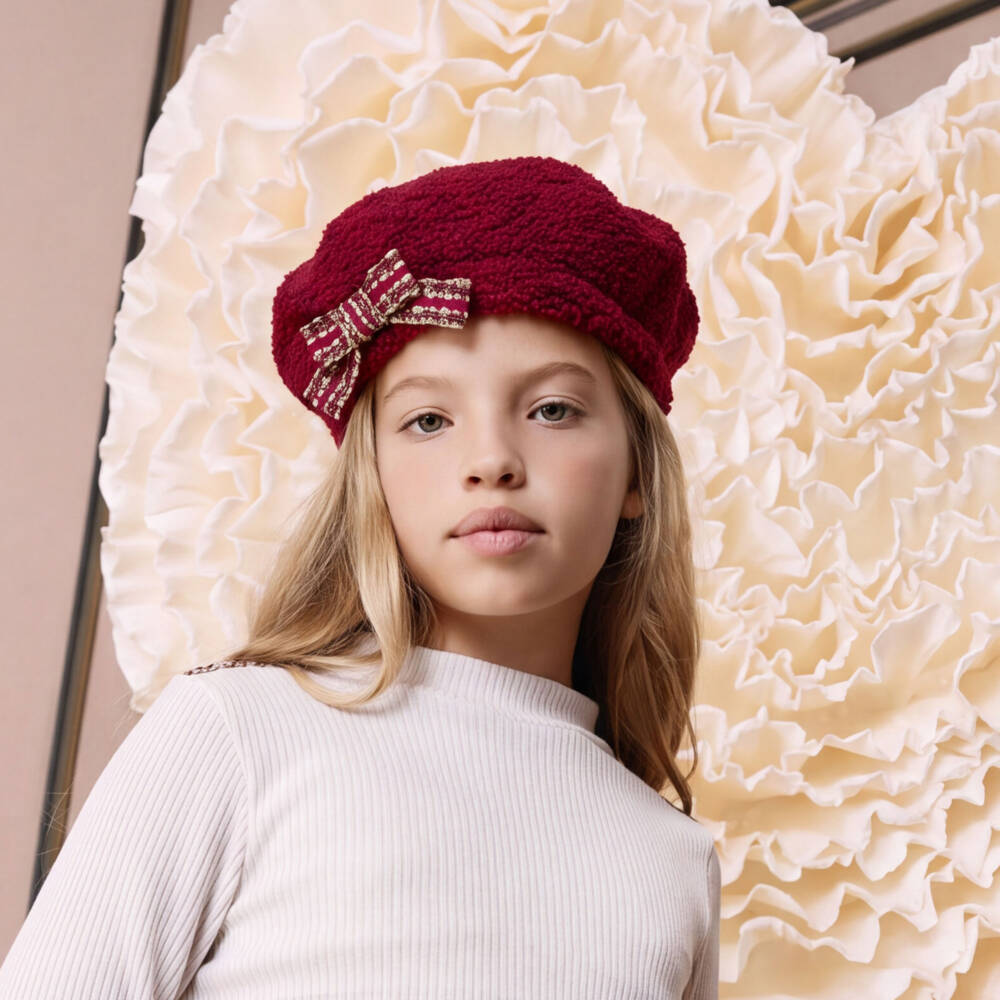 Patachou-Girls Burgundy Red Bouclé Beret with Tweed Bow | Childrensalon