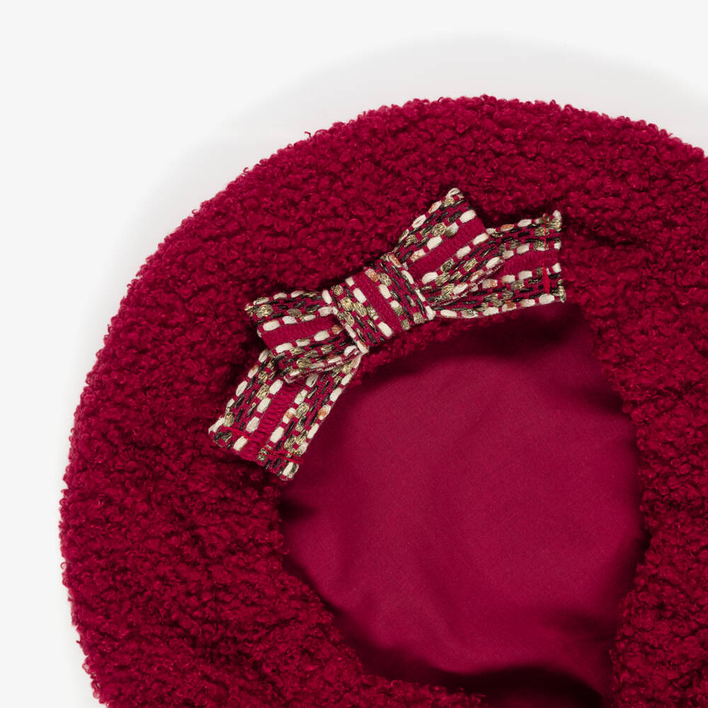 Patachou-Girls Burgundy Red Bouclé Beret with Tweed Bow | Childrensalon