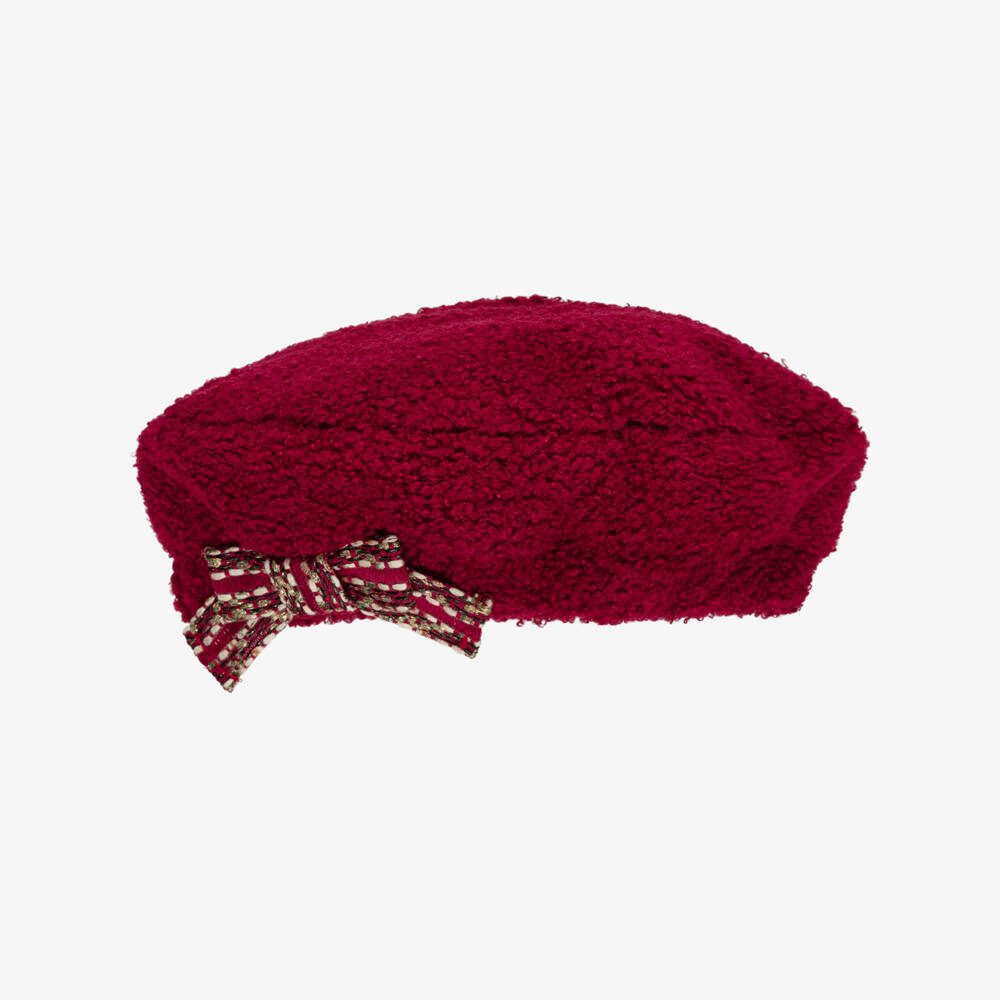 Patachou-Girls Burgundy Red Bouclé Beret with Tweed Bow | Childrensalon