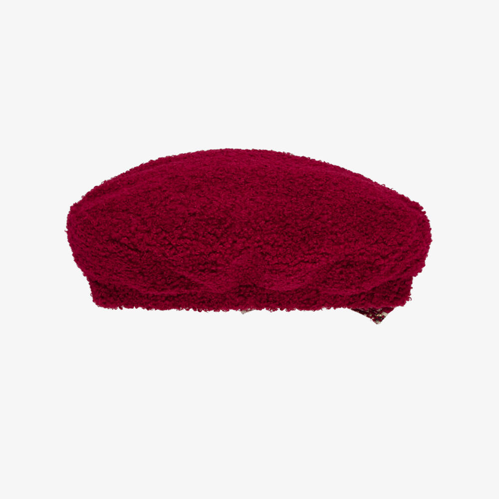 Patachou-Girls Burgundy Red Bouclé Beret with Tweed Bow | Childrensalon