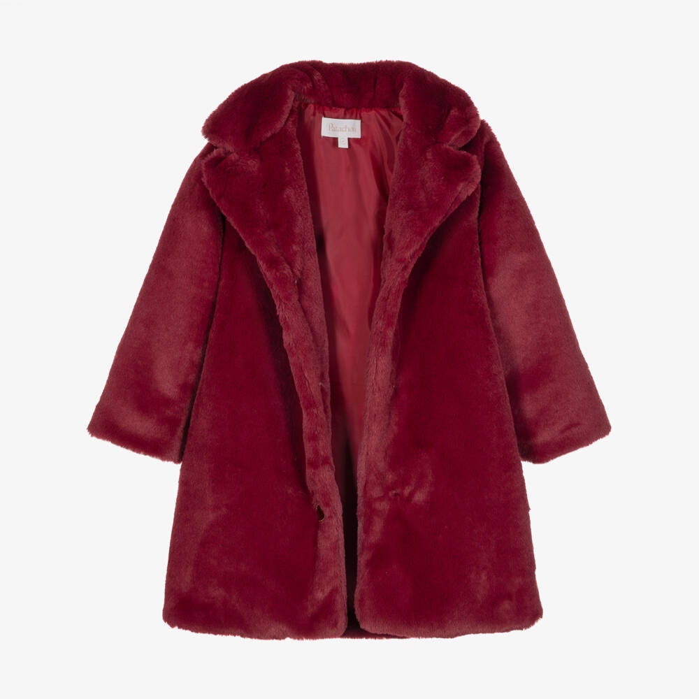 Patachou-Girls Burgundy Red Faux Fur Coat | Childrensalon