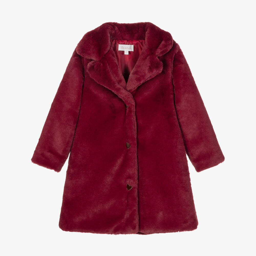 Patachou-Girls Burgundy Red Faux Fur Coat | Childrensalon
