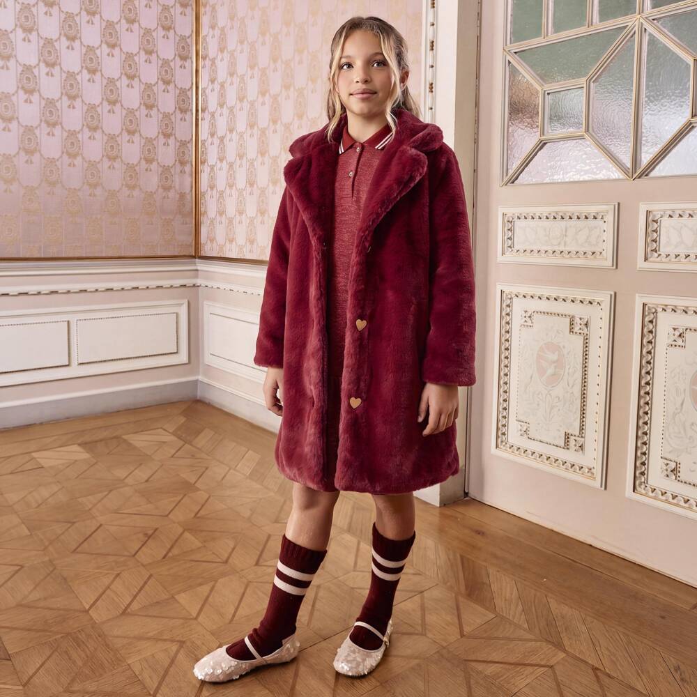 Patachou-Girls Burgundy Red Faux Fur Coat | Childrensalon