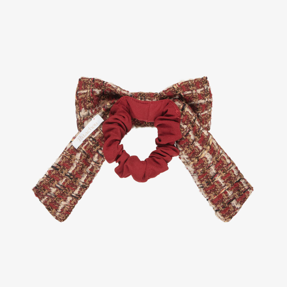 Patachou-Girls Burgundy Red Tweed Bow Hair Scrunchie | Childrensalon