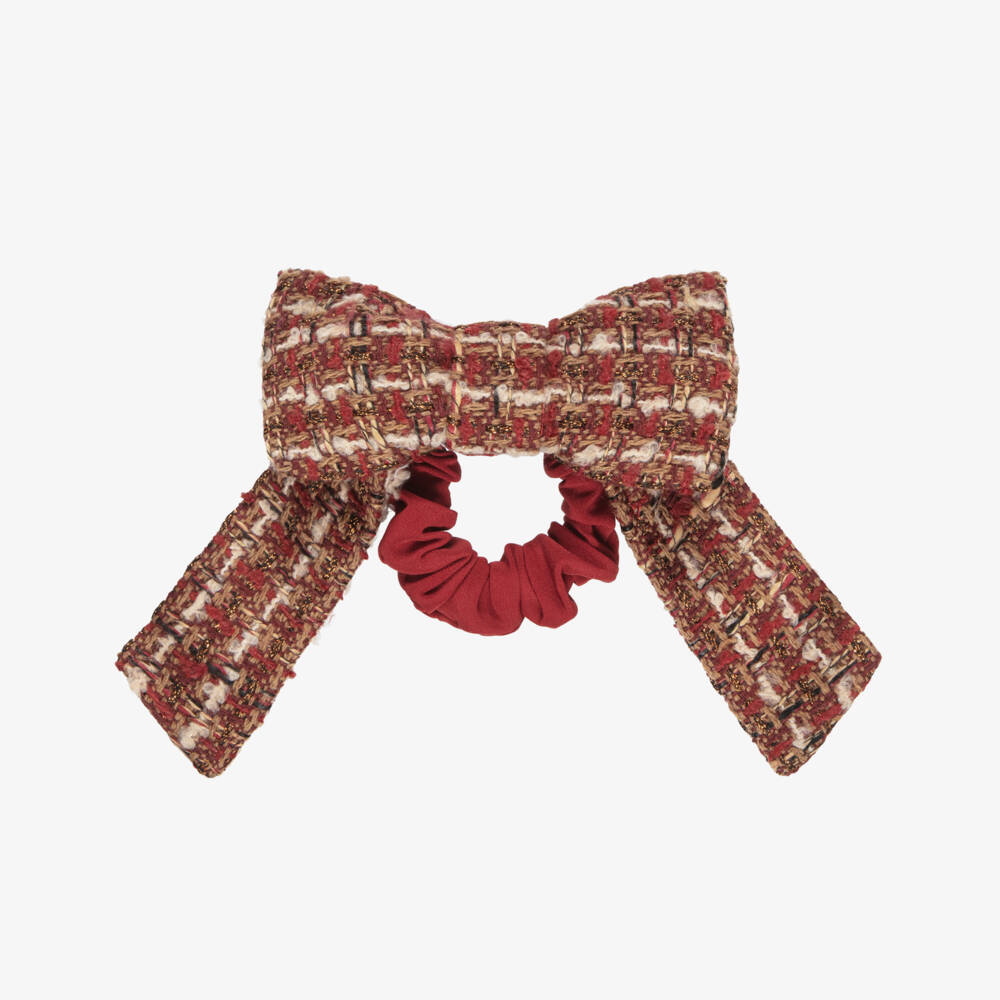 Patachou-Girls Burgundy Red Tweed Bow Hair Scrunchie | Childrensalon