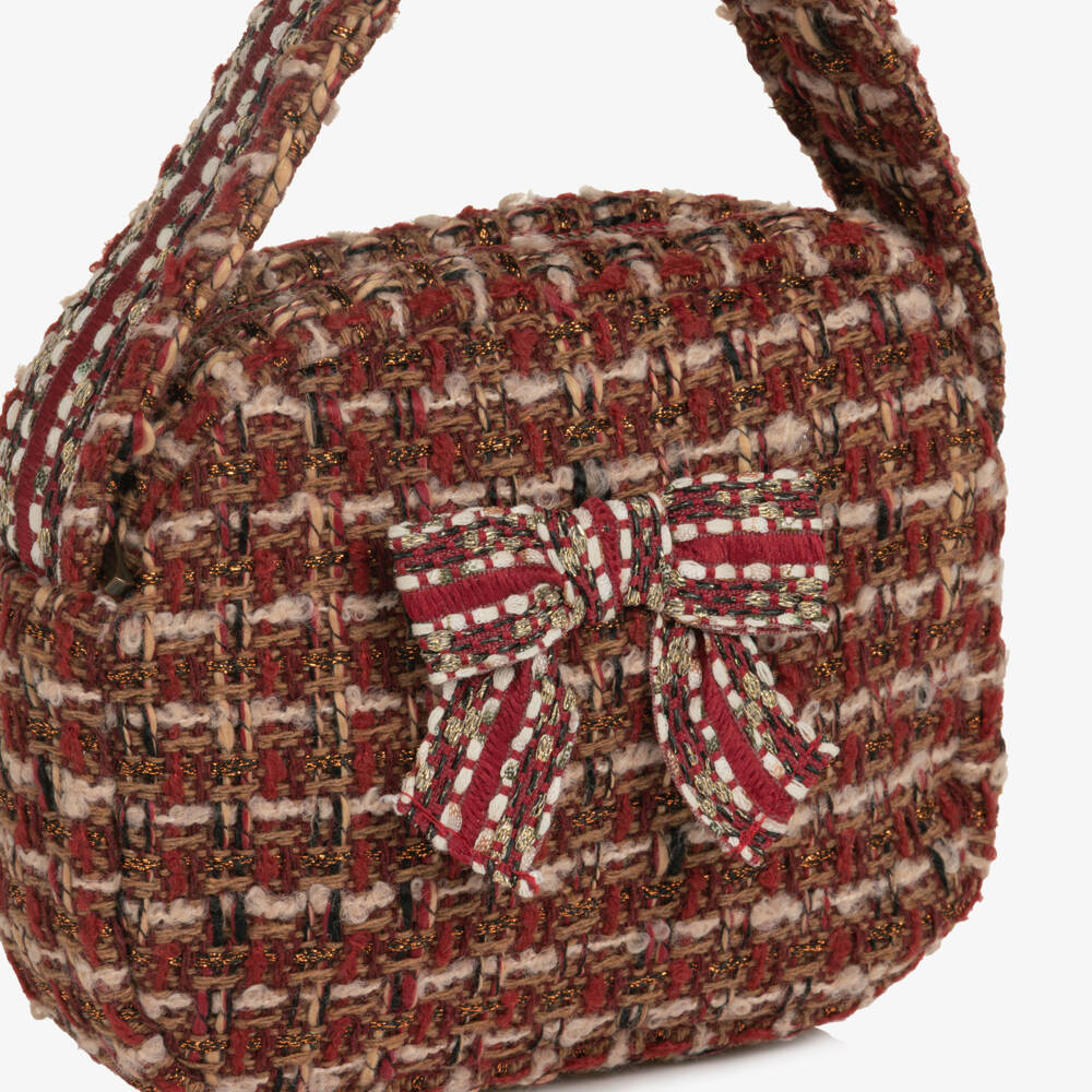 Patachou-Girls Burgundy Red Tweed Handbag with Bow (18cm) | Childrensalon