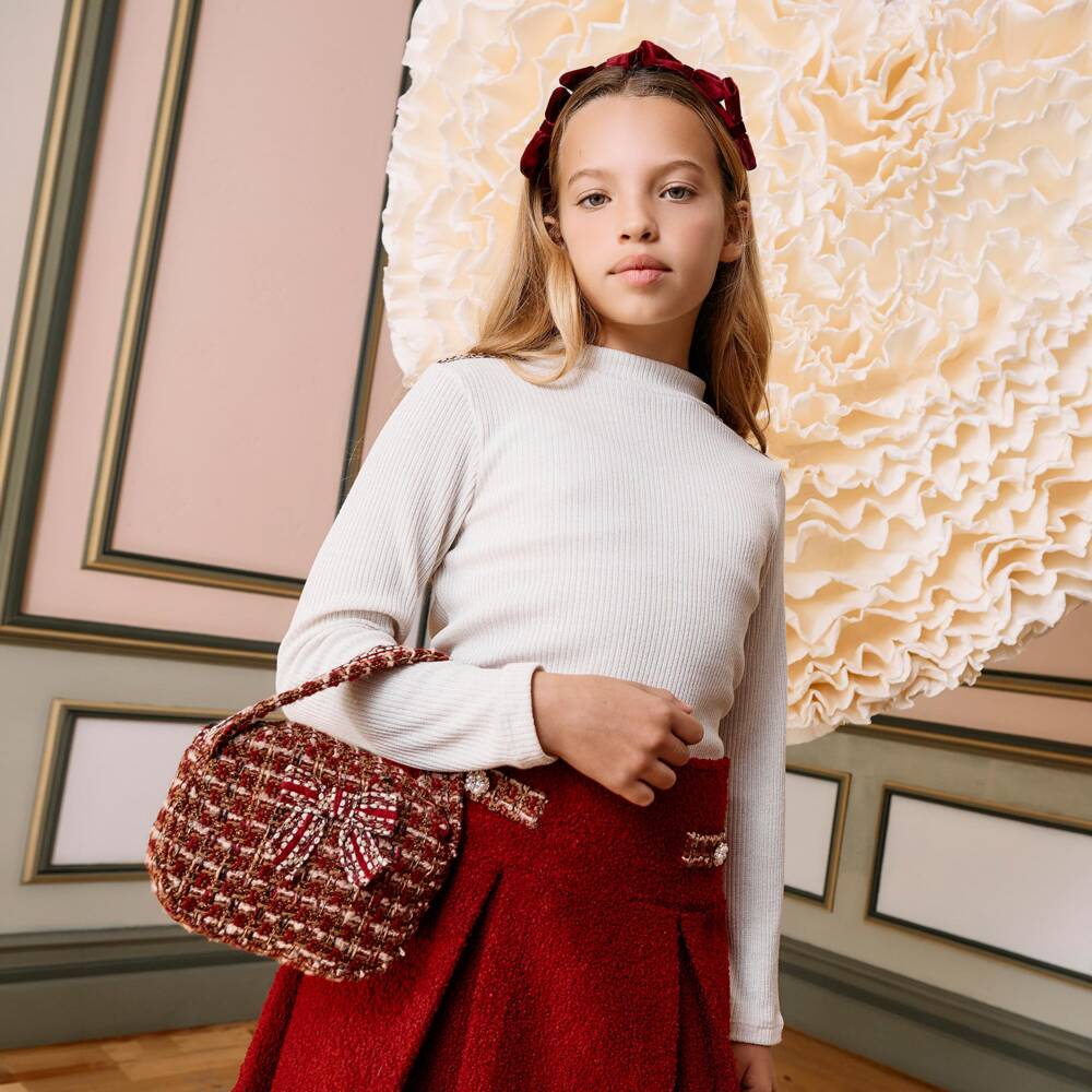 Patachou-Girls Burgundy Red Tweed Handbag with Bow (18cm) | Childrensalon