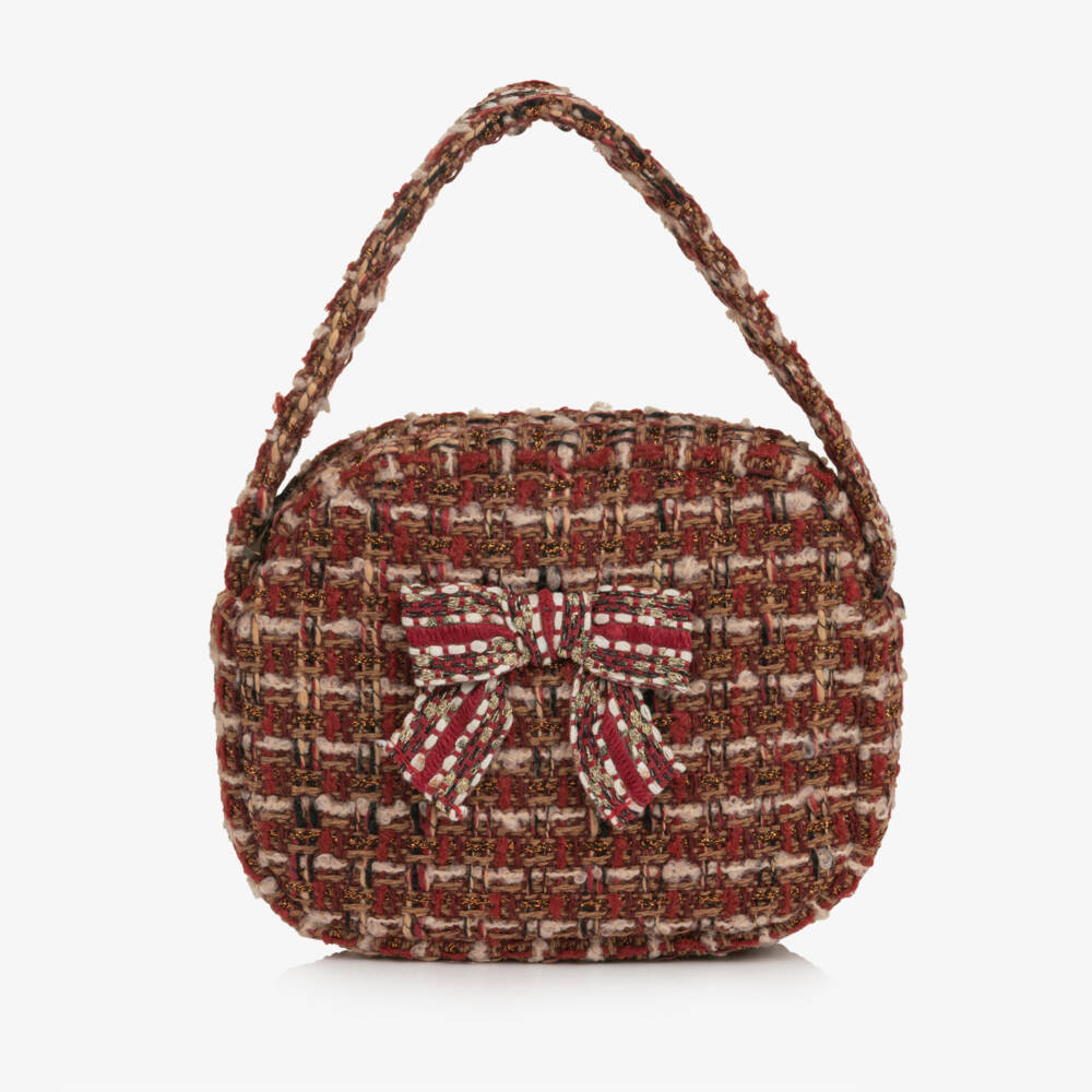 Patachou-Girls Burgundy Red Tweed Handbag with Bow (18cm) | Childrensalon
