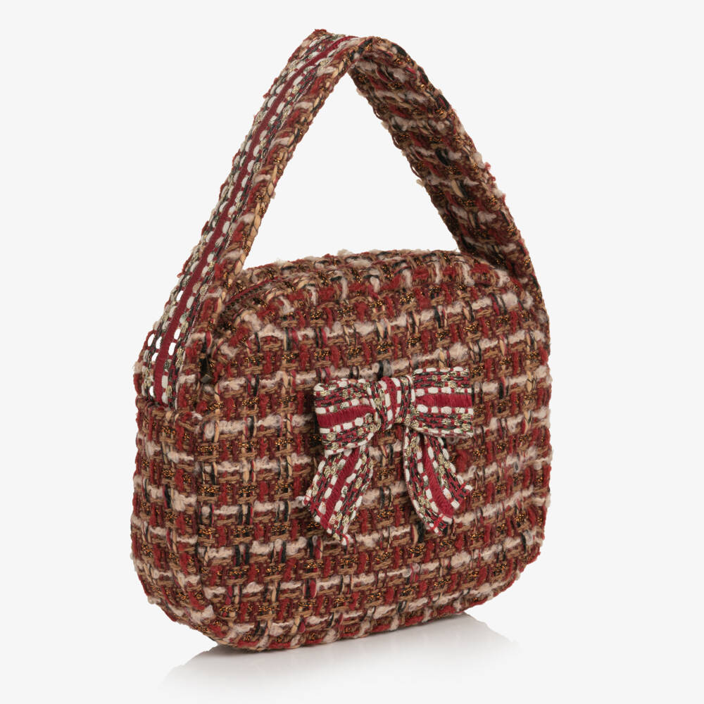 Patachou-Girls Burgundy Red Tweed Handbag with Bow (18cm) | Childrensalon