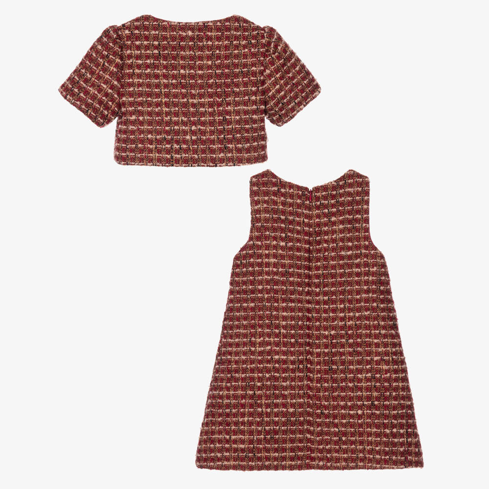 Patachou-Girls Burgundy Tweed Dress Set with Velvet Bows | Childrensalon