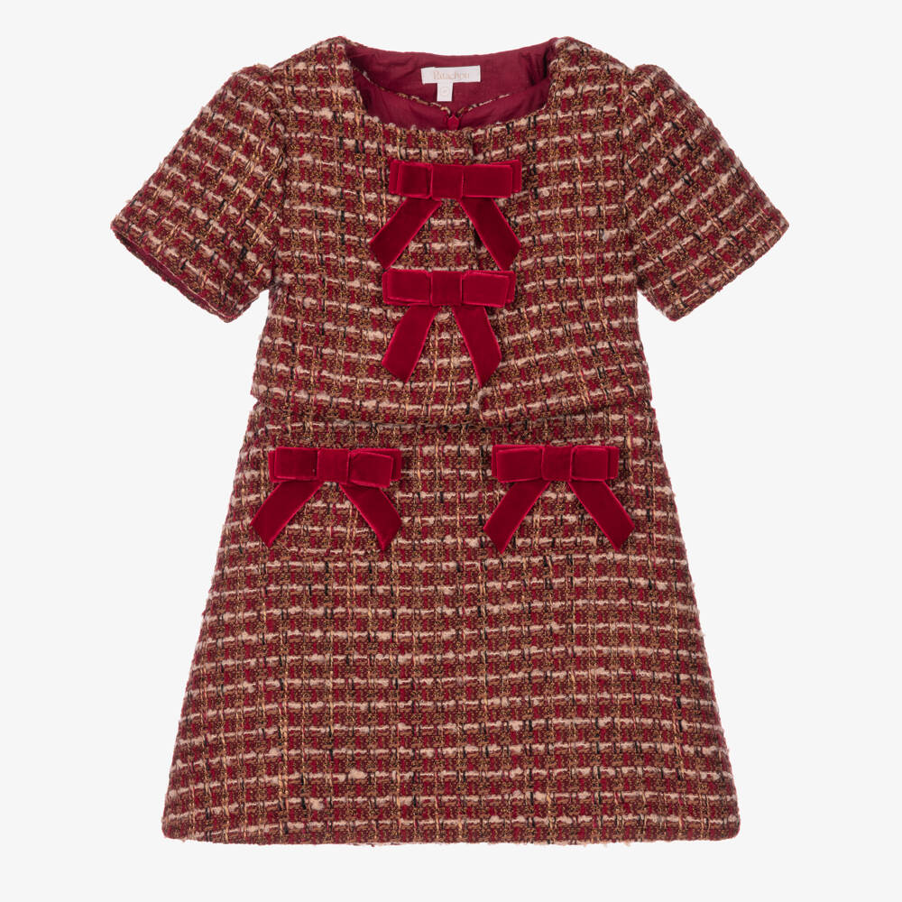 Patachou-Girls Burgundy Tweed Dress Set with Velvet Bows | Childrensalon
