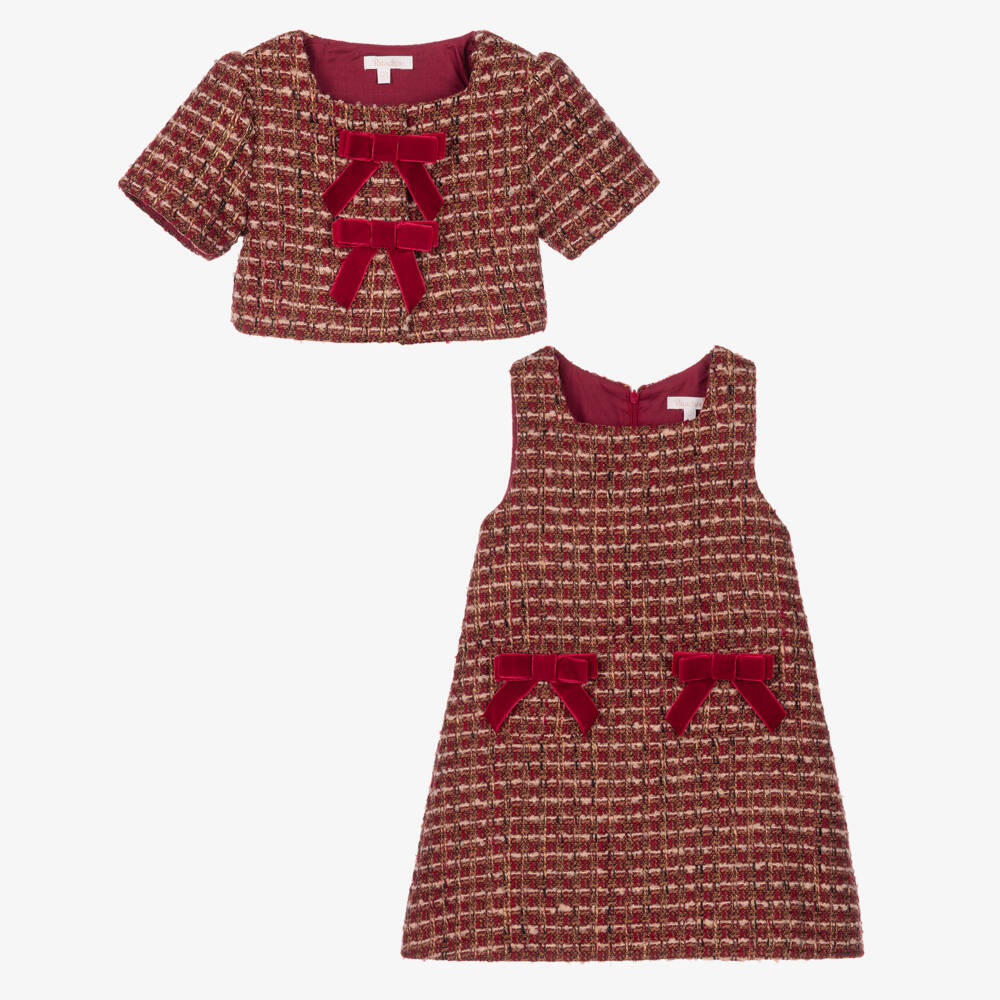 Patachou-Girls Burgundy Tweed Dress Set with Velvet Bows | Childrensalon