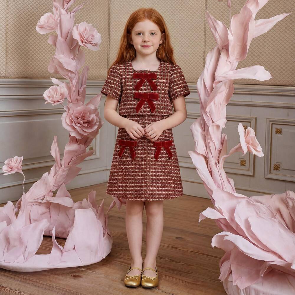 Patachou-Girls Burgundy Tweed Dress Set with Velvet Bows | Childrensalon