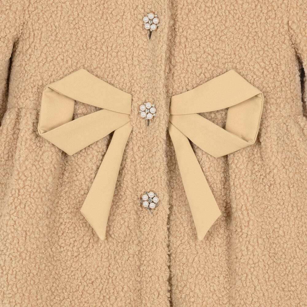 Patachou-Girls Camel Beige Bouclé Coat with Bow | Childrensalon
