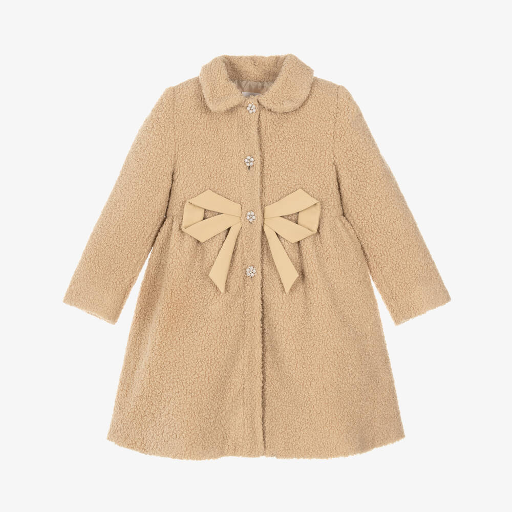 Patachou-Girls Camel Beige Bouclé Coat with Bow | Childrensalon
