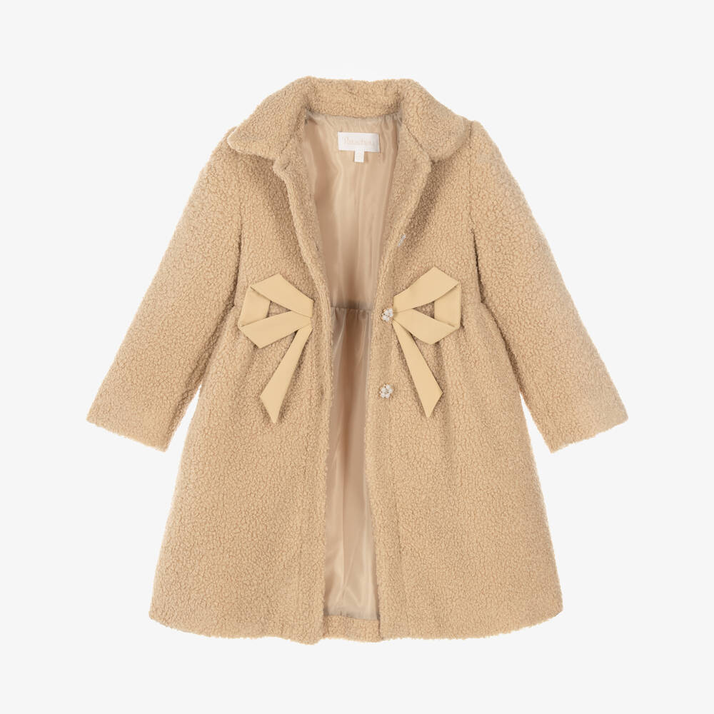 Patachou-Girls Camel Beige Bouclé Coat with Bow | Childrensalon