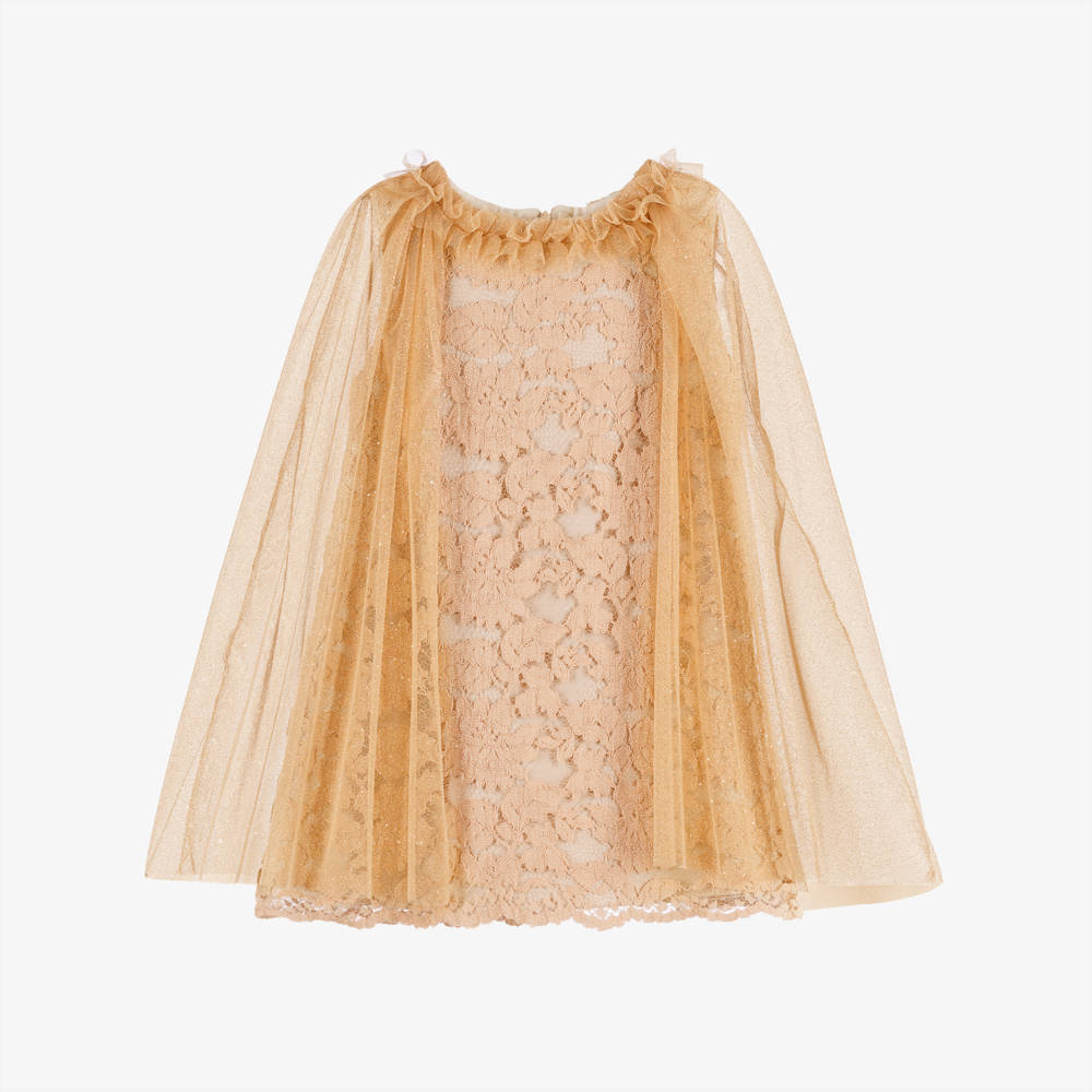 Patachou-Girls Champagne Beige Guipure Lace Cape Dress | Childrensalon