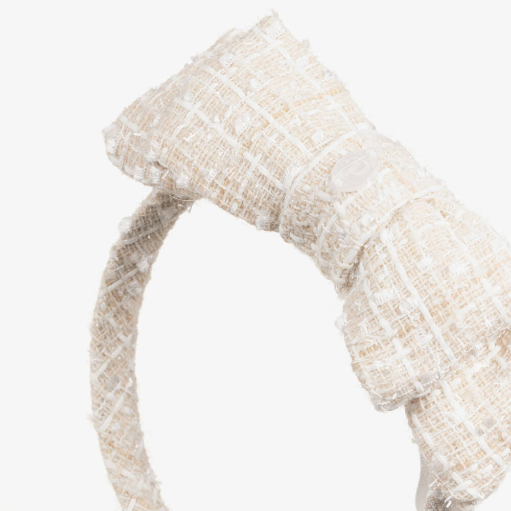 Patachou-Girls Champagne Beige Tweed Bow Hairband | Childrensalon