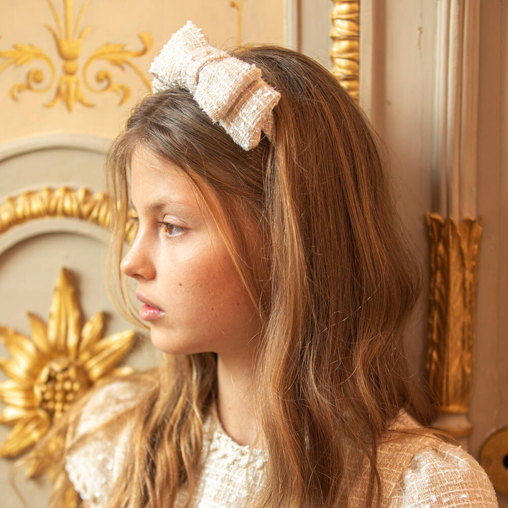 Patachou-Girls Champagne Beige Tweed Bow Hairband | Childrensalon