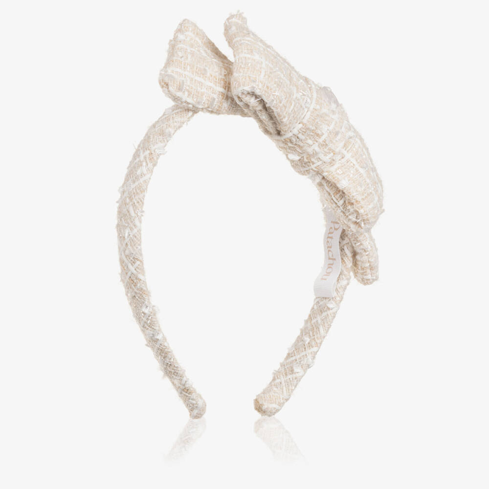 Patachou-Girls Champagne Beige Tweed Bow Hairband | Childrensalon