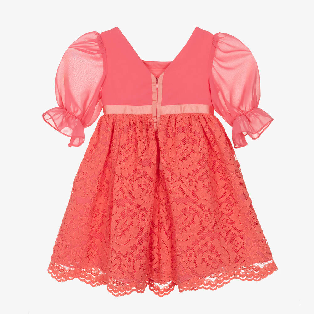 Patachou-Girls Coral Pink Chiffon & Lace Dress | Childrensalon