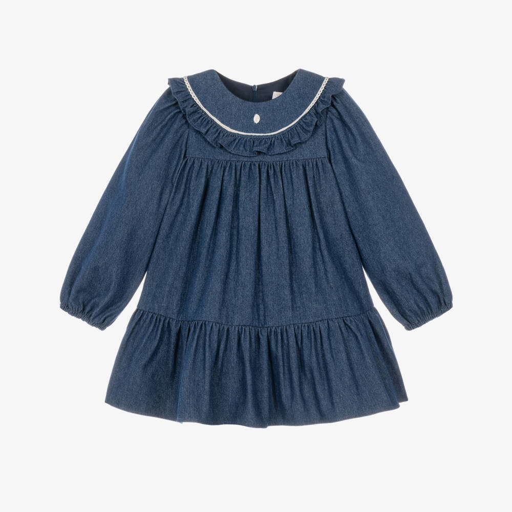 Patachou-Girls Dark Blue Cotton Chambray Dress | Childrensalon