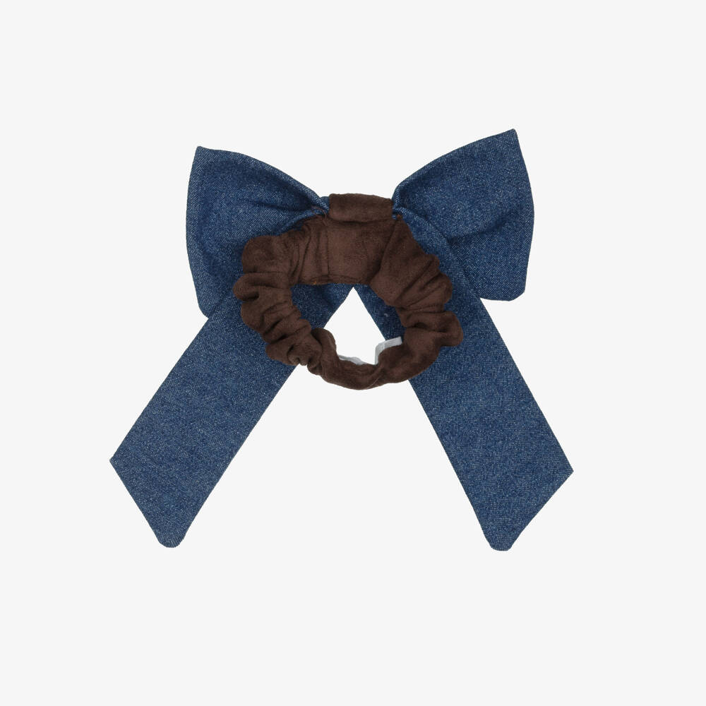 Patachou-Girls Dark Blue Denim Bow Hair Scrunchie (14cm) | Childrensalon