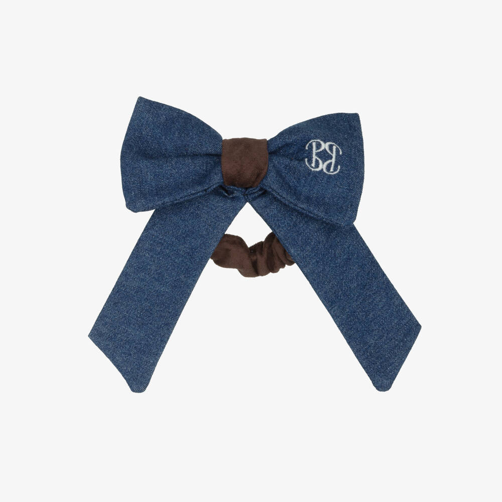 Patachou-Girls Dark Blue Denim Bow Hair Scrunchie (14cm) | Childrensalon