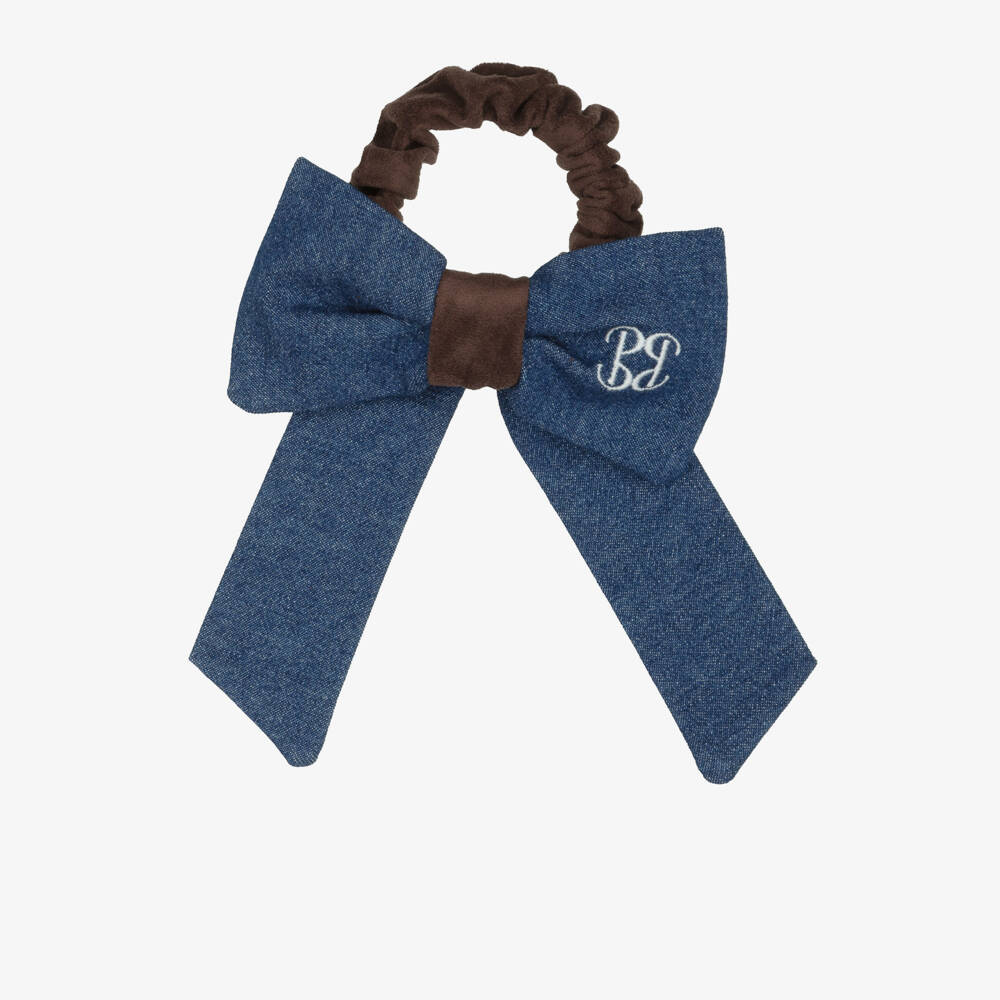 Patachou-Girls Dark Blue Denim Bow Hair Scrunchie (14cm) | Childrensalon