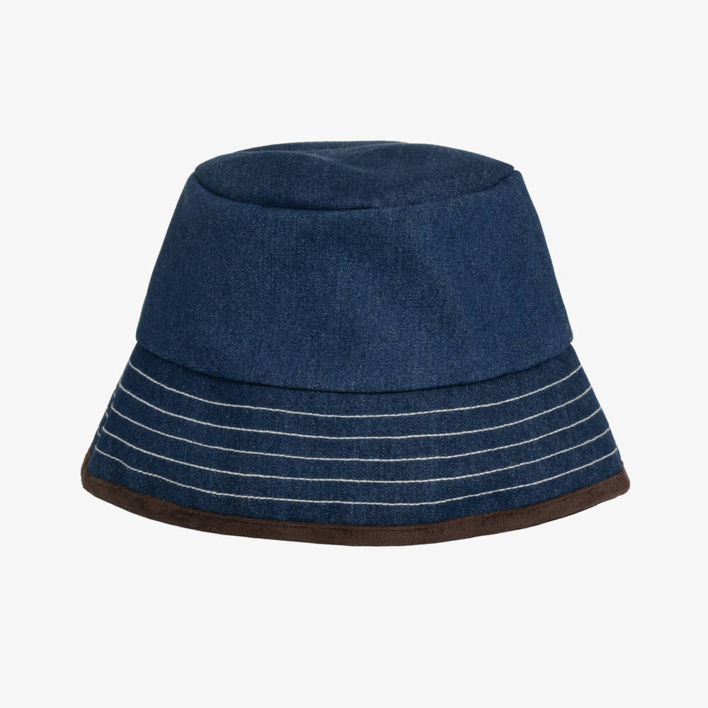 Patachou-Girls Dark Blue Denim Bucket Hat with Velvet Trim | Childrensalon