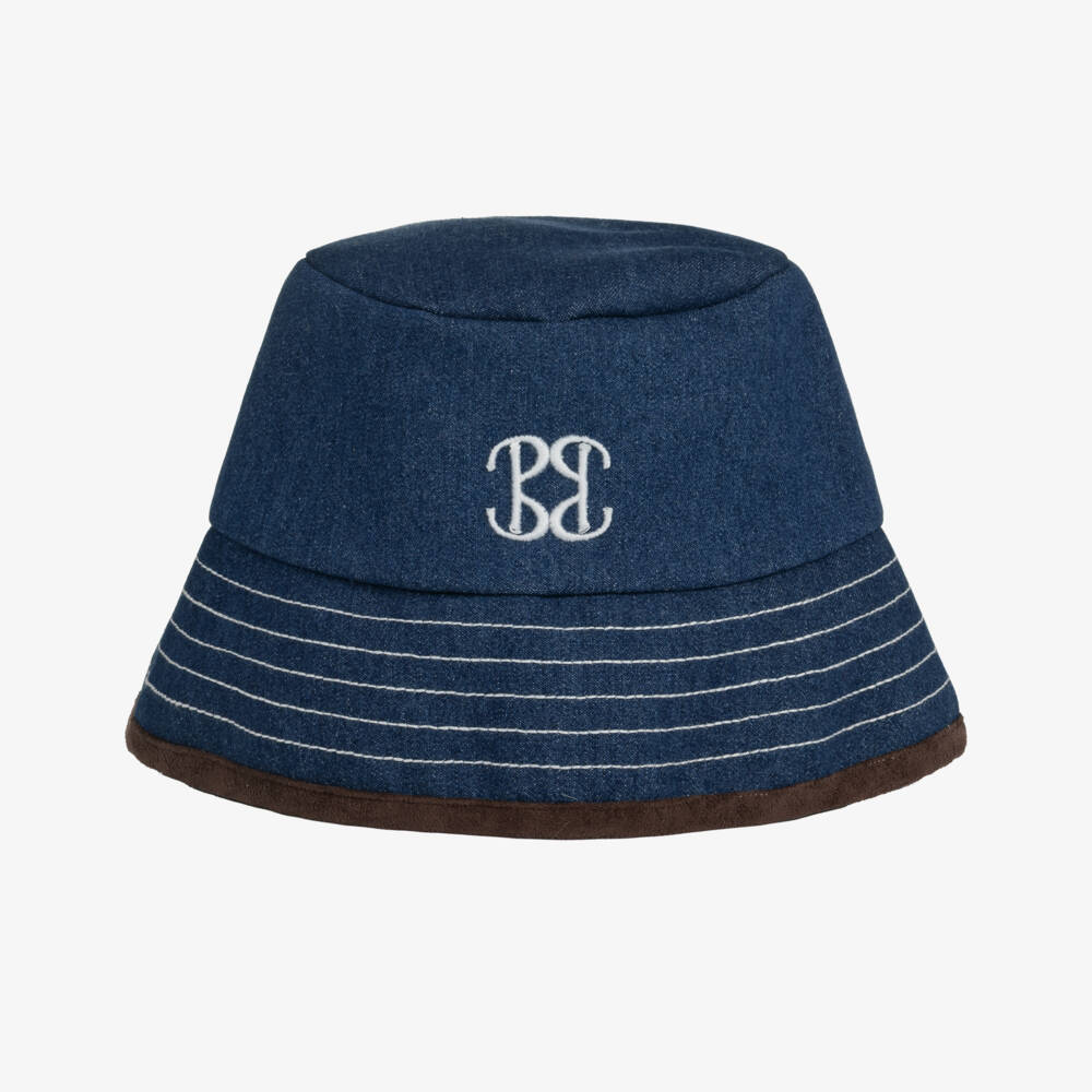 Patachou-Girls Dark Blue Denim Bucket Hat with Velvet Trim | Childrensalon