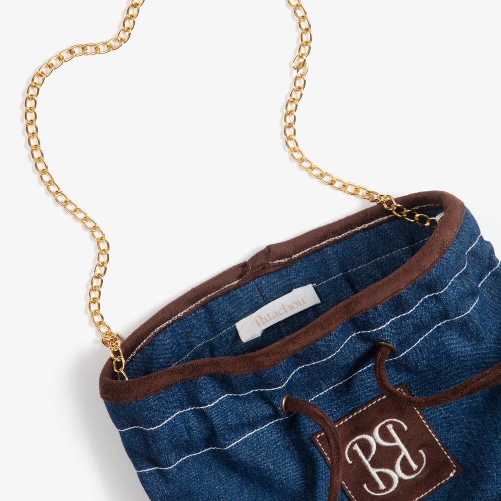 Patachou-Girls Dark Blue Denim Drawstring Handbag (18cm) | Childrensalon