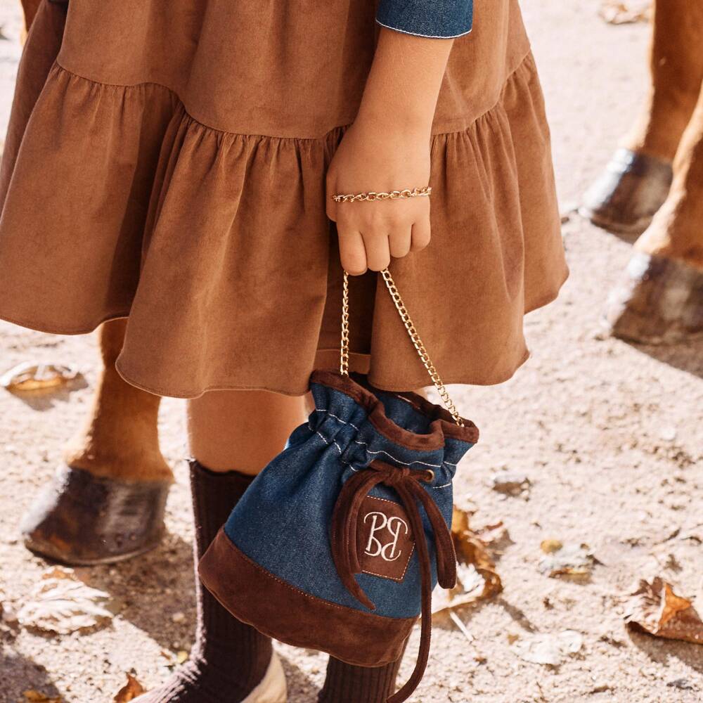 Patachou-Girls Dark Blue Denim Drawstring Handbag (18cm) | Childrensalon