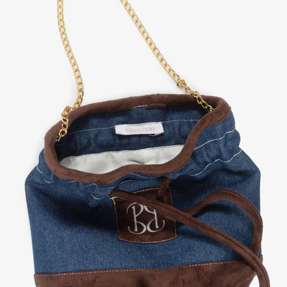 Patachou-Girls Dark Blue Denim Drawstring Handbag (18cm) | Childrensalon