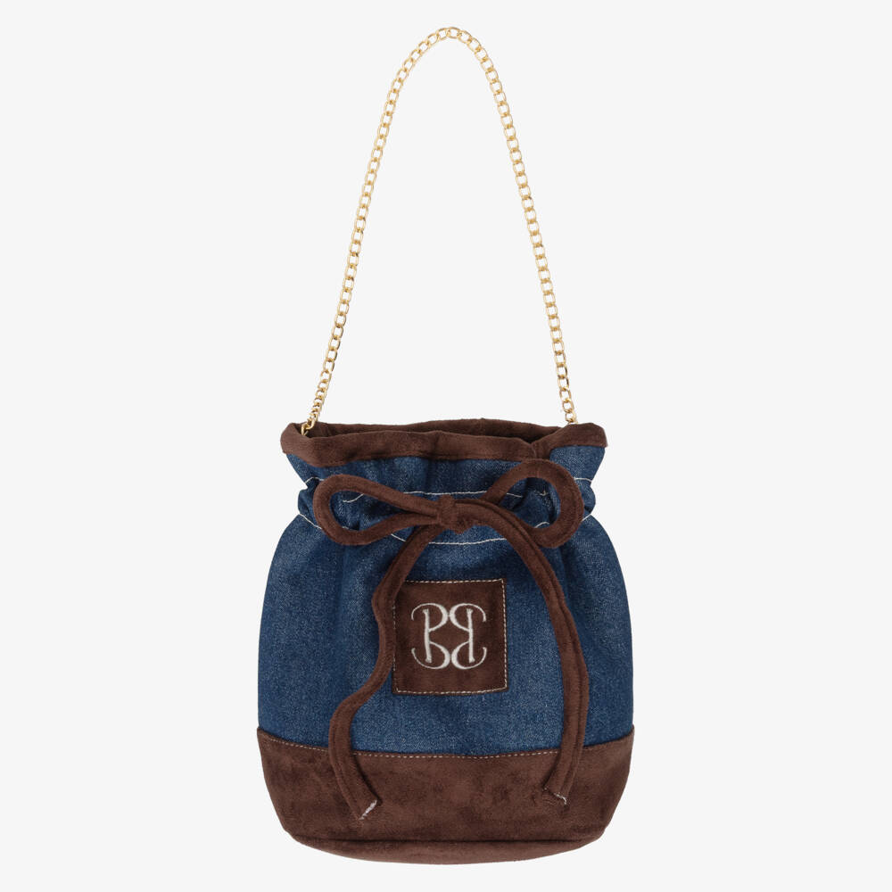 Patachou-Girls Dark Blue Denim Drawstring Handbag (18cm) | Childrensalon