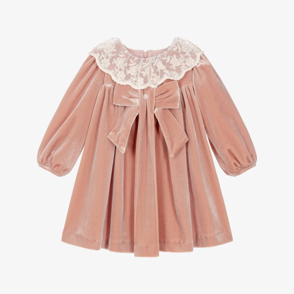 Patachou-Girls Dusky Pink Velour Dress with Lace Collar | Childrensalon