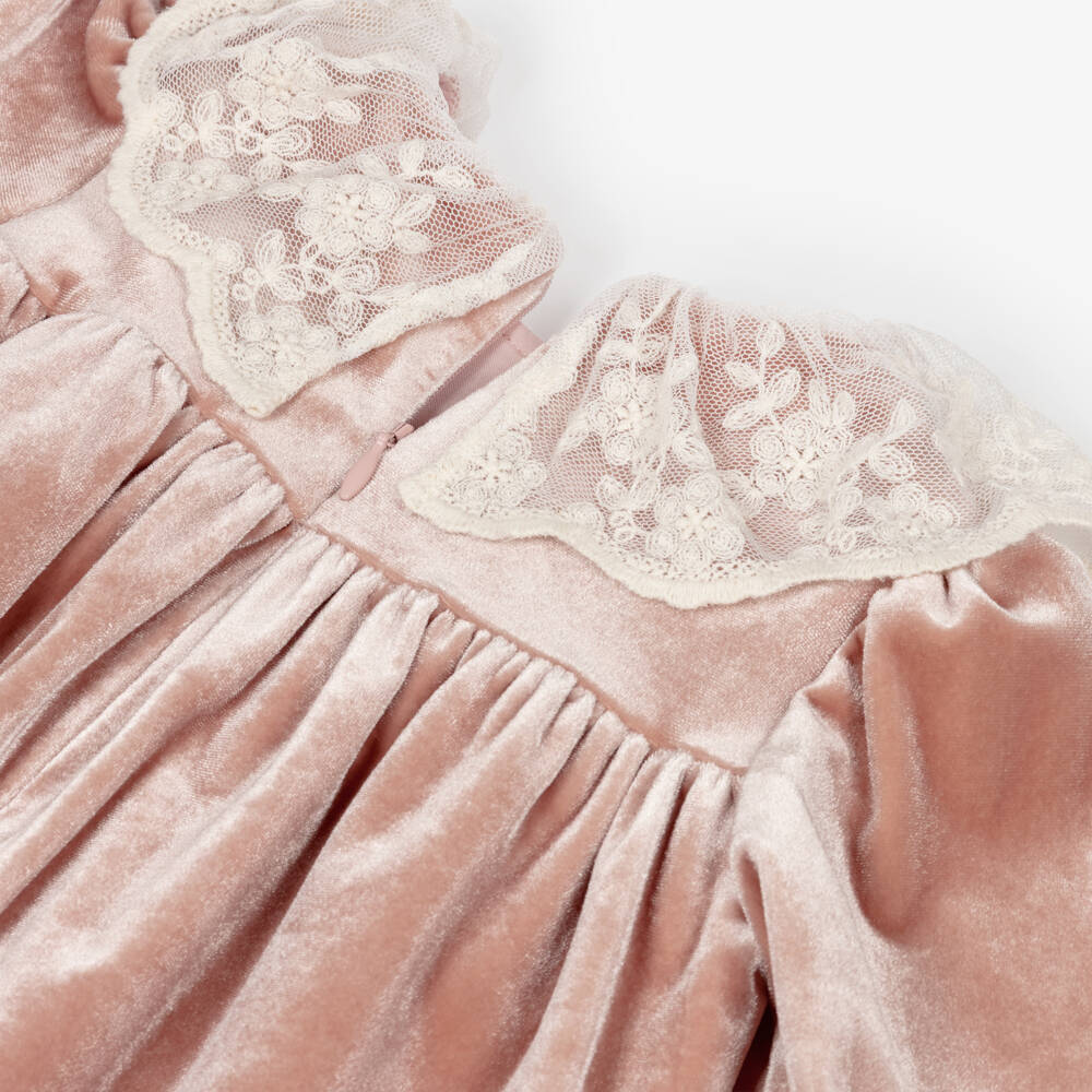 Patachou-Girls Dusky Pink Velour Dress with Lace Collar | Childrensalon