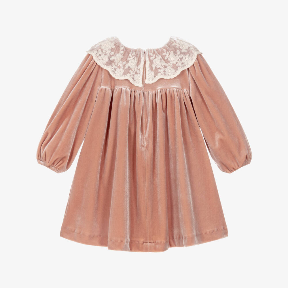 Patachou-Girls Dusky Pink Velour Dress with Lace Collar | Childrensalon