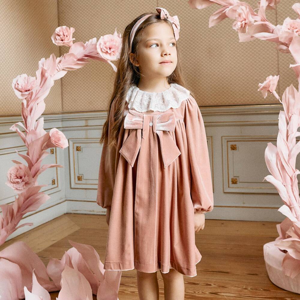 Patachou-Girls Dusky Pink Velour Dress with Lace Collar | Childrensalon